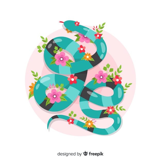 Top view flat snake with flowers background