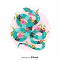 Free vector top view flat snake with flowers background