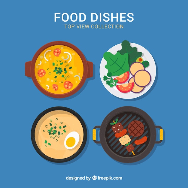 Free vector top view of food dishes with flat design