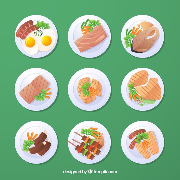 Top view of food dishes with flat design