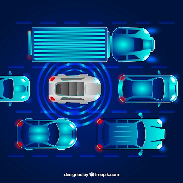 Vista dall'alto della futuristica auto autonoma con design piatto