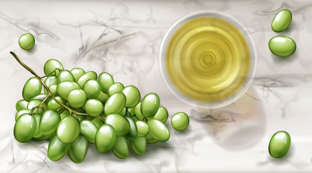 Top view glass with white wine and grapes banner