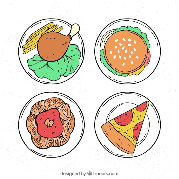 Top view of hand drawn food dishes