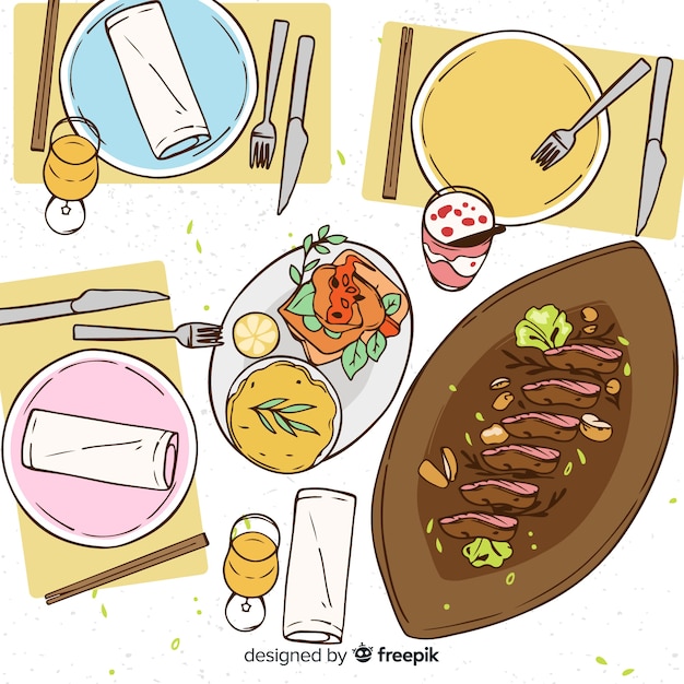 Free vector top view of hand drawn modern restaurant table