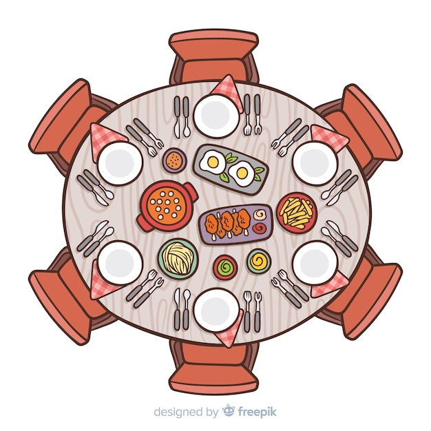 Free vector top view of hand drawn restaurant table