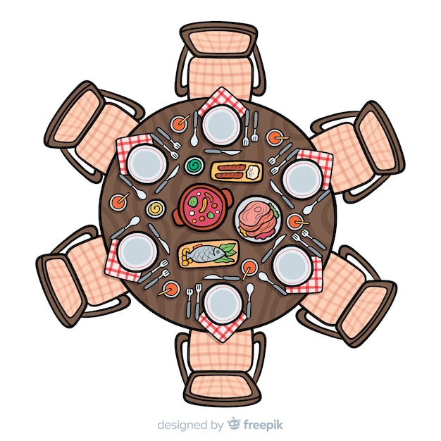 Free vector top view of hand drawn restaurant table