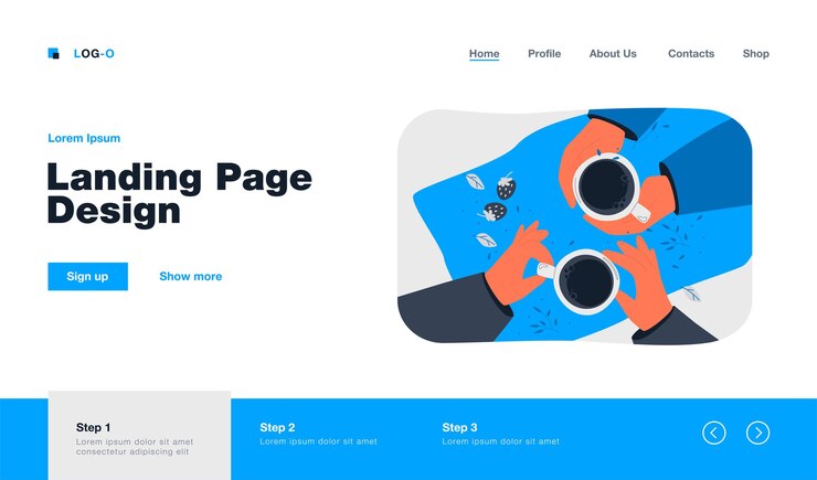 Free Vector top view of human hands holding cups landing page in flat style.