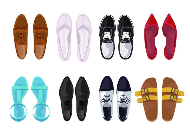 Вид сверху на набор плоских векторных иллюстраций мужской и женской обуви. Коллекция удобных пар спортивной и деловой обуви, кроссовок, красных туфель на белом фоне. Обувь, концепция моды