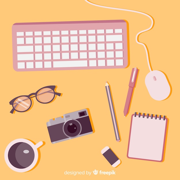 Free vector top view of modern office desk with flat design