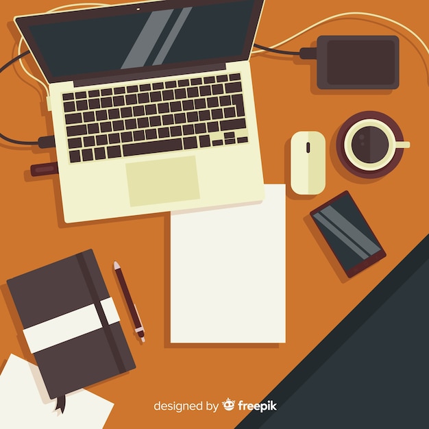 Top view of modern office desk with flat design