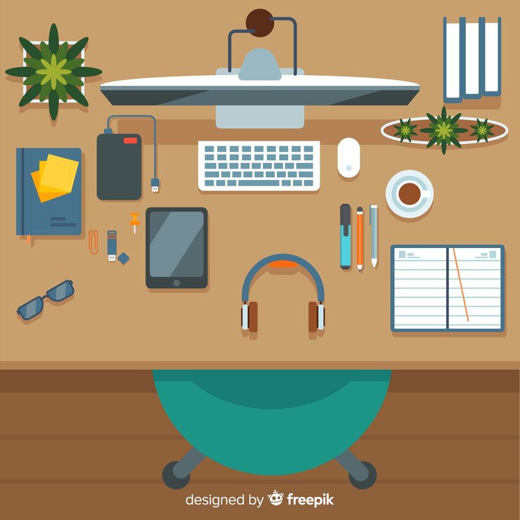 Free Vector top view of modern office desk with flat design