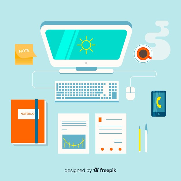 Top view of modern office desk with flat design