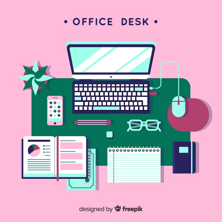 Free Vector top view of modern office desk with flat design