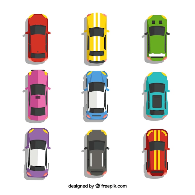 Top view of nine cars