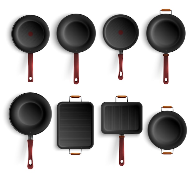 Бесплатное векторное изображение Вид сверху на различные формы реалистичной сковороды с антипригарным покрытием с различными типами ручек, изолированные векторные иллюстрации