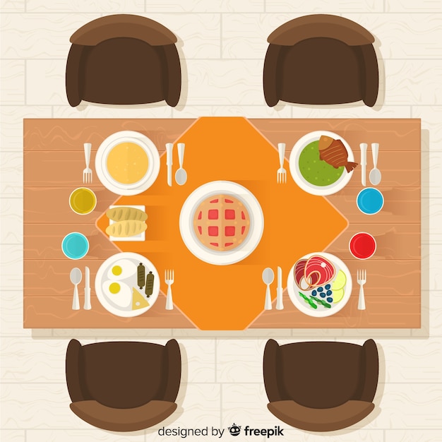 Бесплатное векторное изображение Вид сверху элегантного стола ресторана с плоским дизайном
