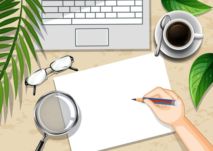 Free Vector top view office work desk with office elements with green leaves