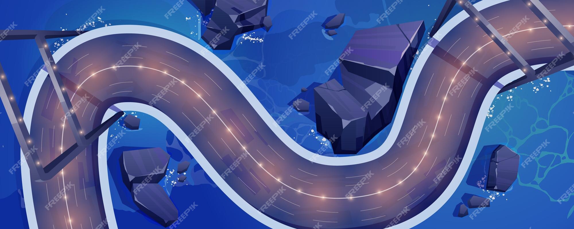 congestion belief Right Free Vector | Top view of overpass car road with light markers at night  vector cartoon illustration of empty winding race track for auto rally  competition aerial view of highway over water