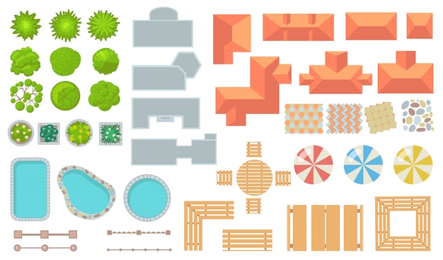 Top view of park and city elements flat icon set