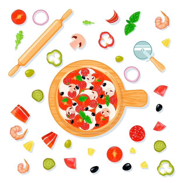 Free vector top view pizza set composition in cartoon style with pizza