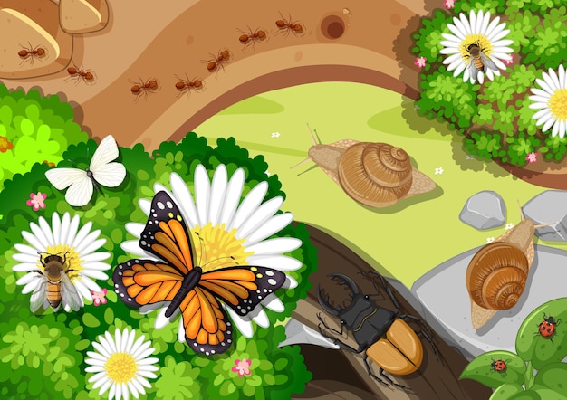 Free vector top view of pond close up scene with many insects