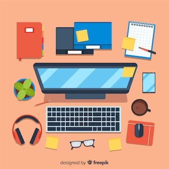 Top view of professional office desk with flat design