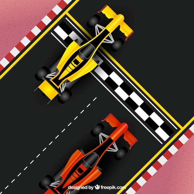 Top view of realistic formula 1 car at finish line