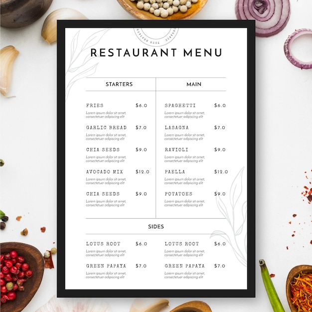 Free vector top view restaurant menu and food