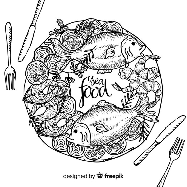 Top view of seafood dishes on restaurant table