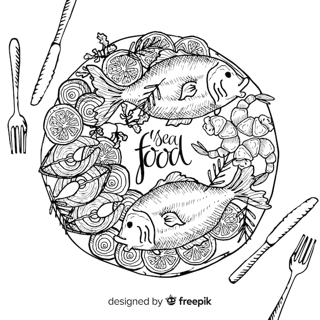 Вид сверху блюд из морепродуктов на столе ресторана