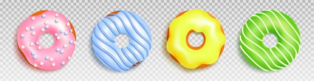 Вид сверху набор реалистичных пончиков, изолированных на прозрачном фоне векторная иллюстрация круглой сладкой закуски с красочной глазурью и начинкой
