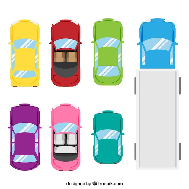 Top view of six cars and a truck