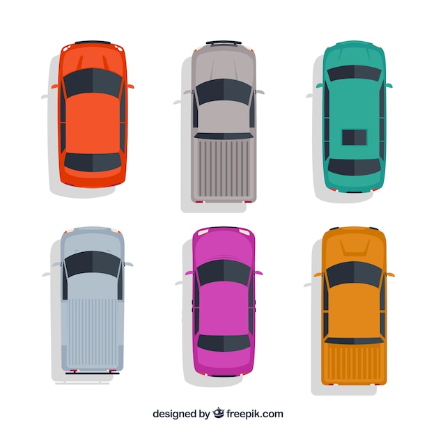 Top view of six different cars