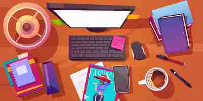 Free vector top view on table with messy workplace