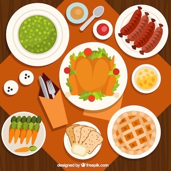Top view of thanksgiving dinner in flat design