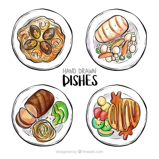 Top view of watercolor food dishes