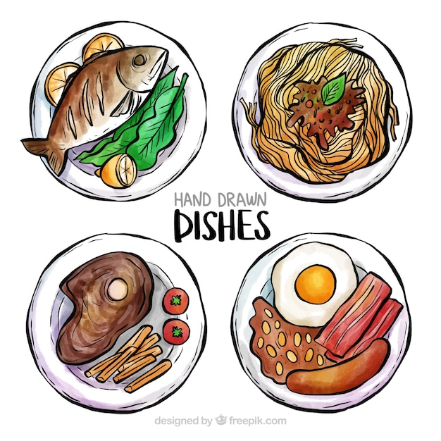 Top view of watercolor food dishes