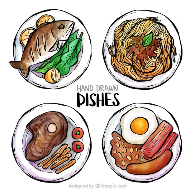 Top view of watercolor food dishes