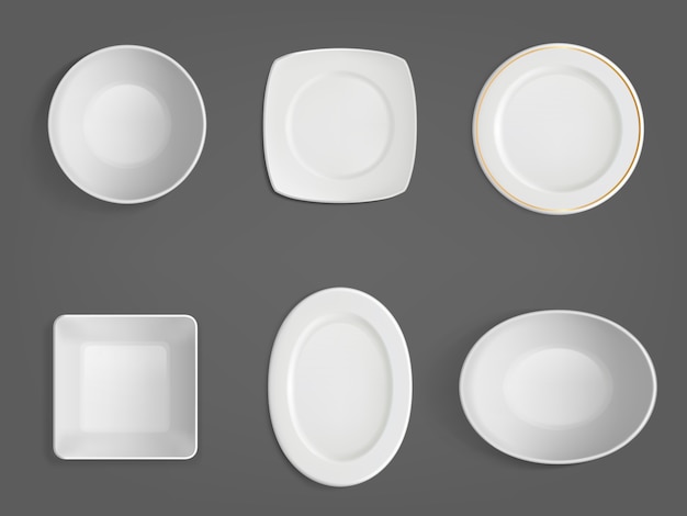 Top view of white different shapes bowls