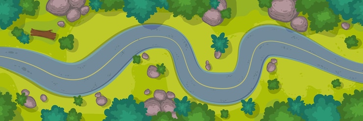 Free Vector top view of winding car road grass and bushes