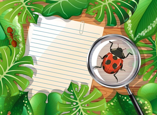 Top view of wooden table with blank paper and insects and leaves element