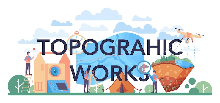 Free Vector topographic works typographic header land surveying technology geodesy science engineering and topography equipment people with compass map and topographic equipment vector flat illustration