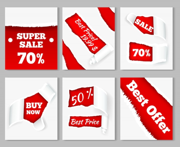 Free vector torn paper curls revealing super sales discount prices on red background realistic cards set