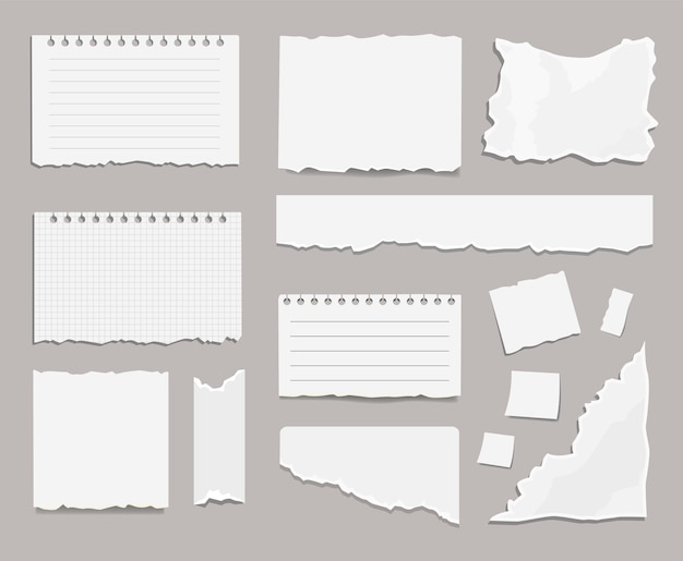 Torn white paper scraps cartoon illustration set. Ragged square pieces of notebook sheets. Ripped empty notes or memo, blank damaged notepaper with shred edges. Scrapbook concept