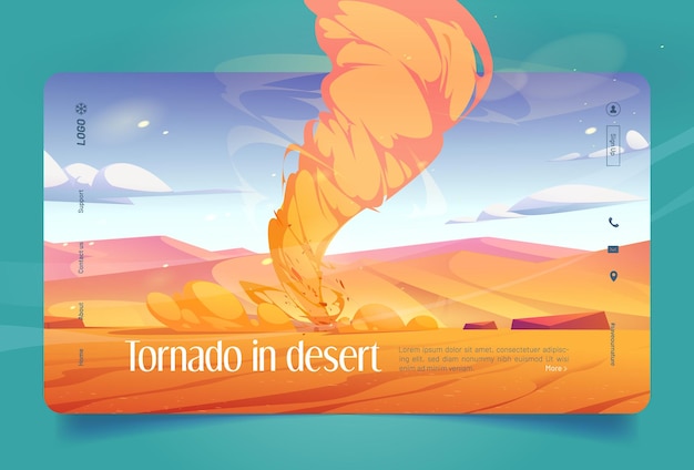 Tornado nel banner del deserto vortice di sabbia con imbuto d'aria pagina di destinazione vettoriale del fenomeno meteorologico pericoloso con paesaggio desertico dei cartoni animati con dune gialle e tempesta di vento con twister polveroso