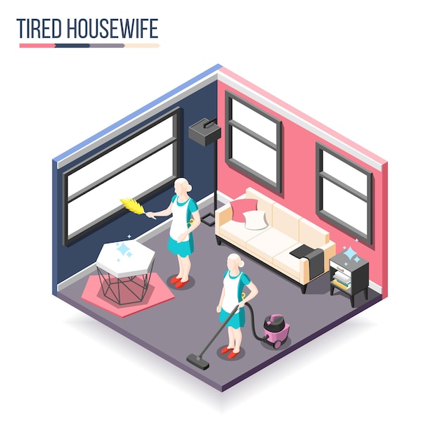 Tortured housewife isometric composition with two women in domestic interior busy cleaning apartment