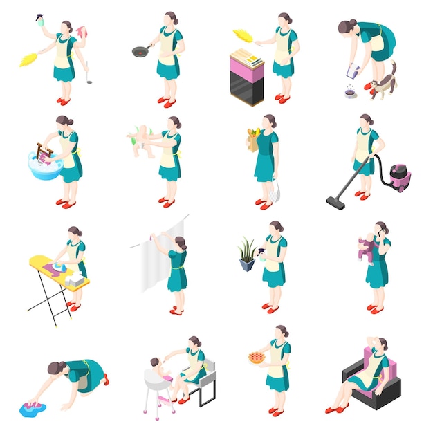 Free vector tortured housewife isometric icons with female persons involved in washing cooking cleaning ironing gardening dishwashing babysitting isolated