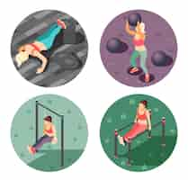 Free vector total body workout concept 4 isometric round illustration