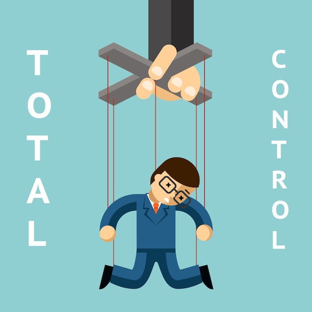 Free vector total control. businessman puppet. string and authority, marionette and leadership, manager people, doll and worker