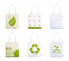 Vettore gratuito set realistico di mockup di borsa in tessuto tote con immagini isolate di opere d'arte con marchio ecologico su borse di stoffa illustrazione vettoriale